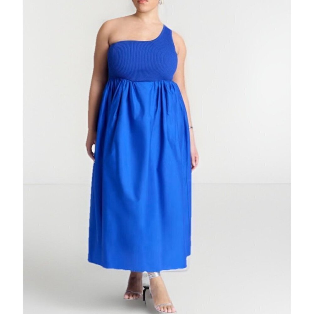Eloquii Sweater Bodice Poplin Dress Women's Size 14/16 Blue One Shoulder Summer